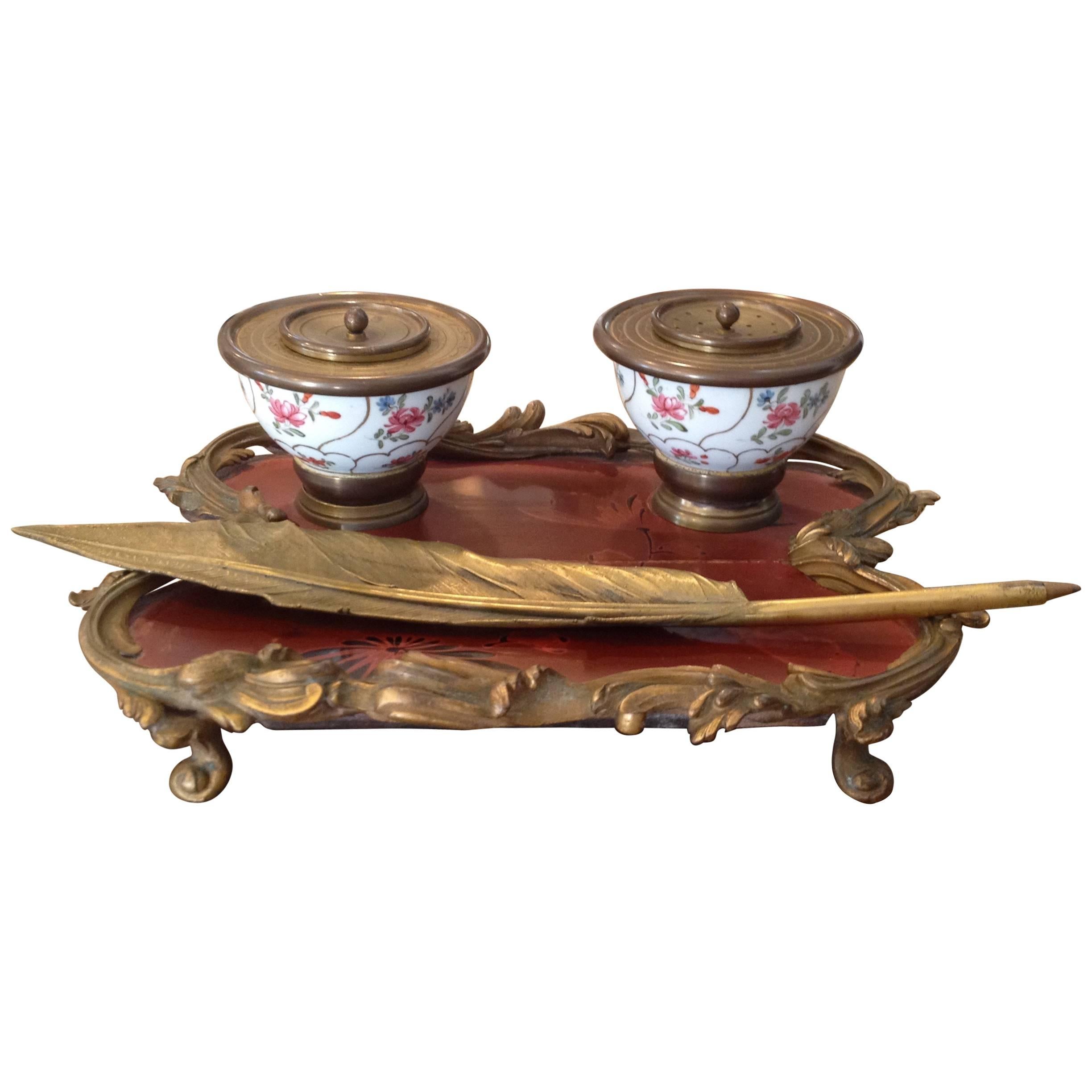 Chinese Porcelain Lacquer and Gilt Bronze Mounted Inkstand, 19th Century For Sale