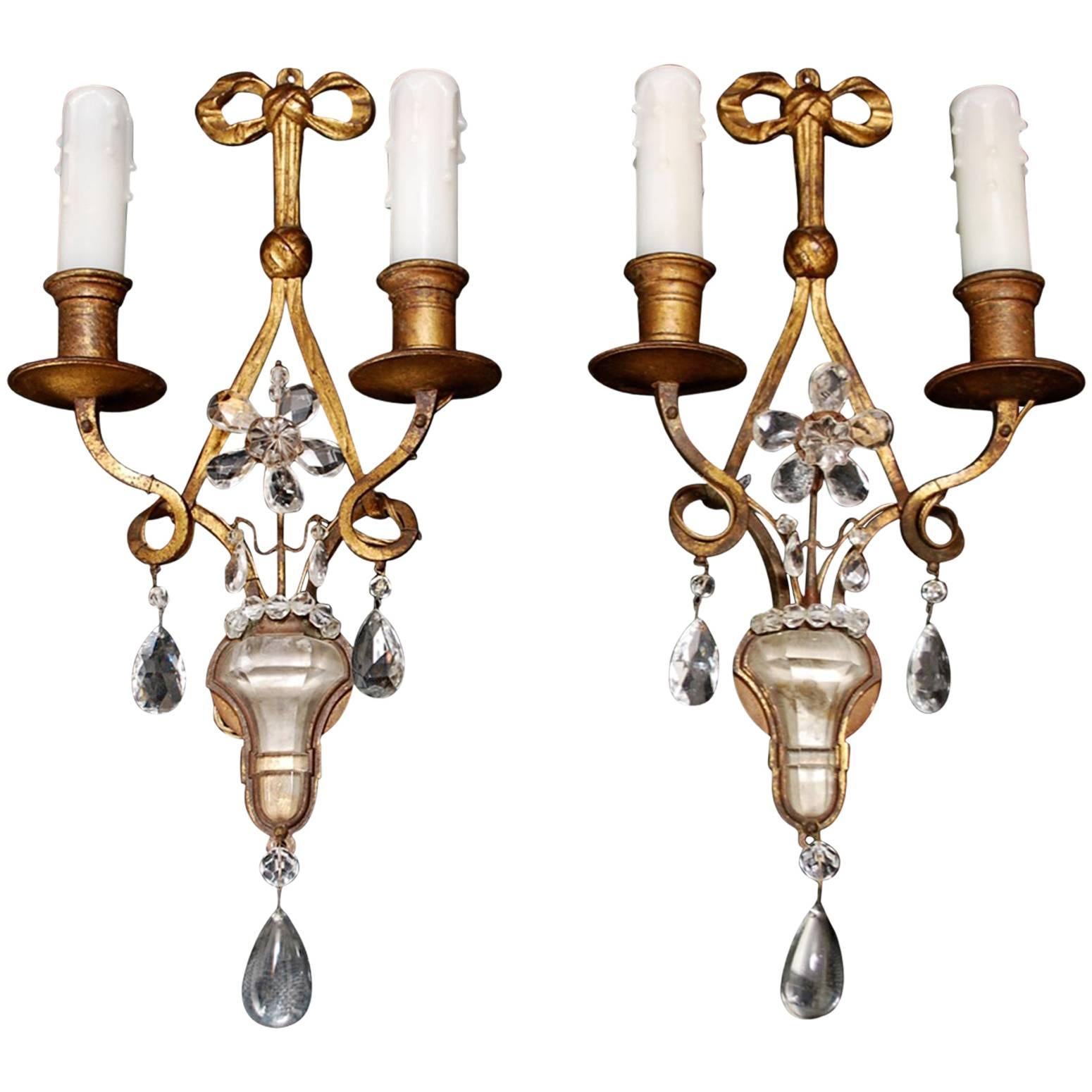 Beautiful Pair of French 1920s Sconces with Rock Crystal by Maison Bagues