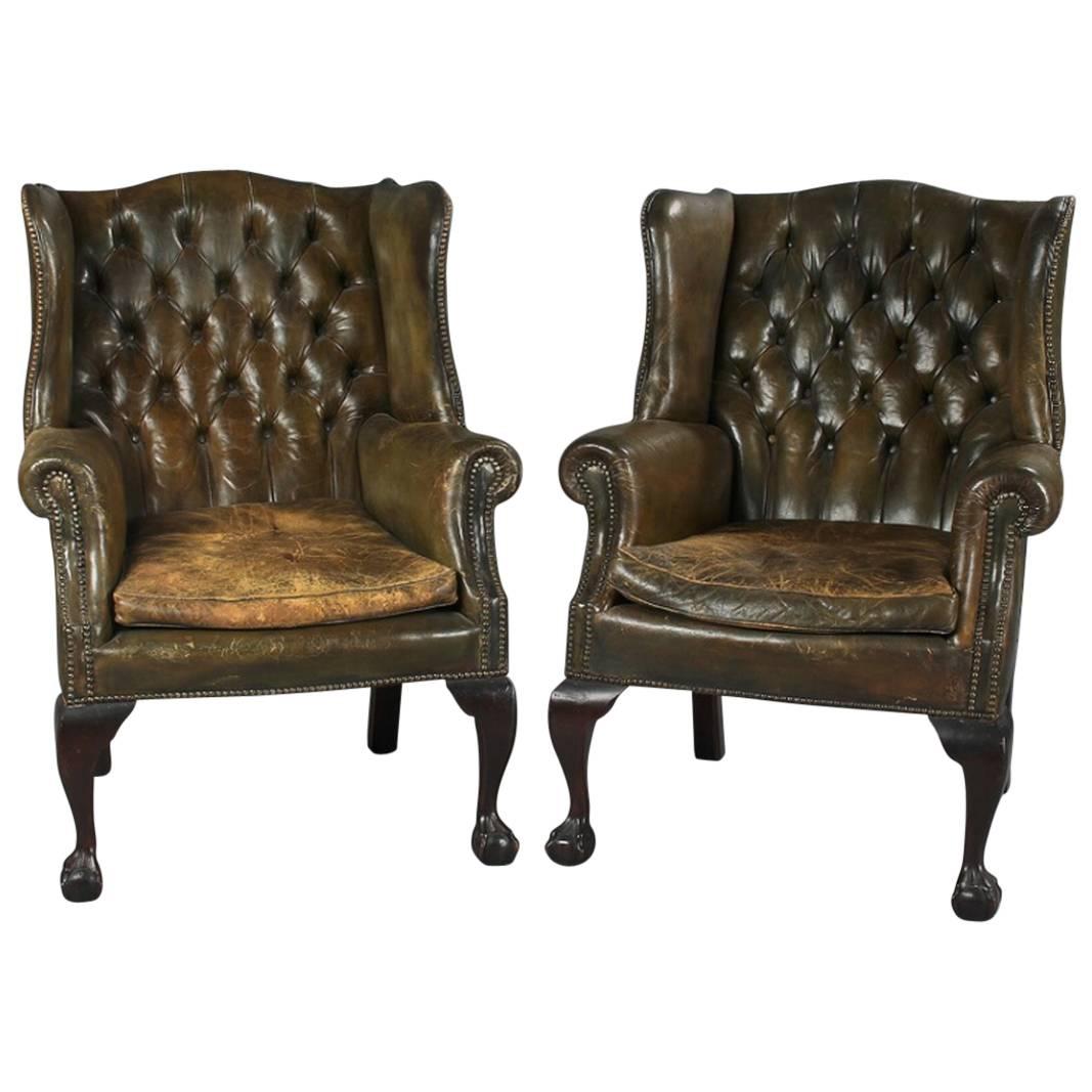 Pair of English George III Style Wing Chairs Upholstered in Leather