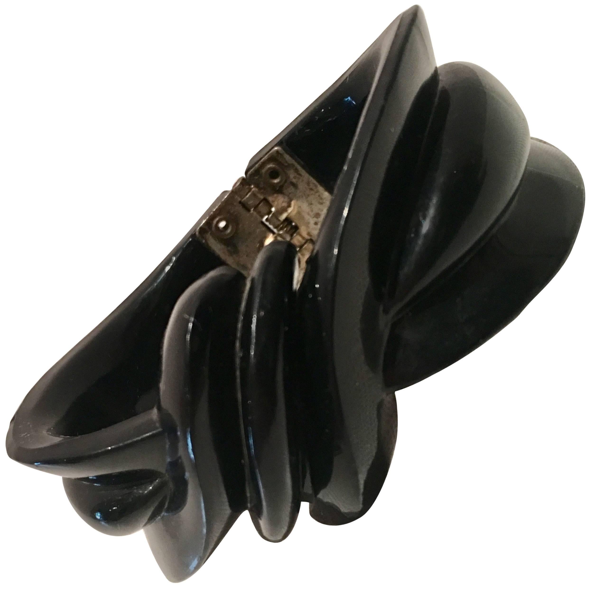 1940s Black Thermoplastic Deeply Carved Clamper Bracelet For Sale