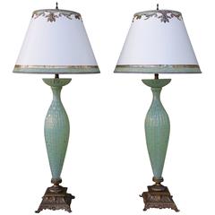 Handblown Murano Lamps with Parchment Shades, Pair
