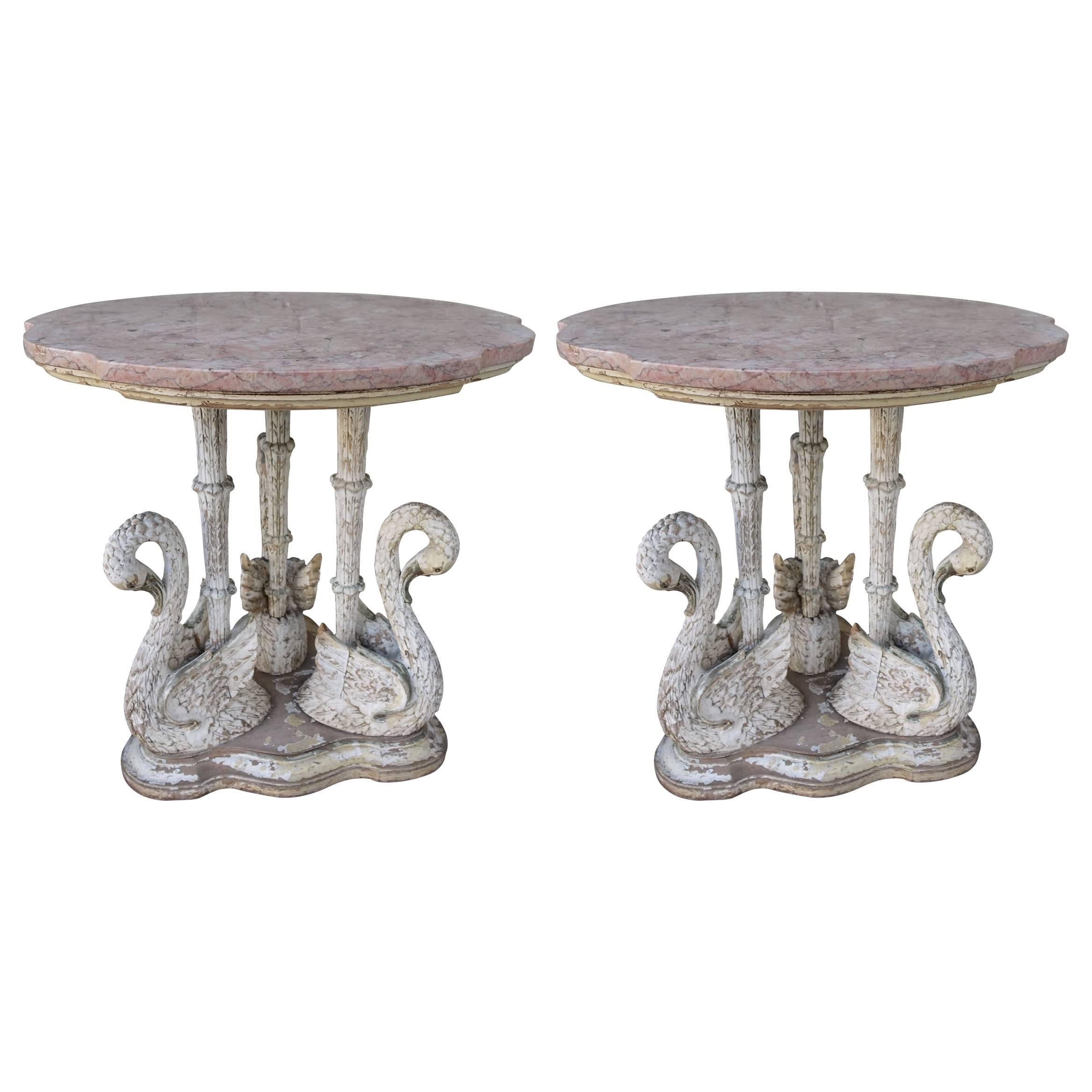 Pair of Painted Swan Tables with Marble Tops