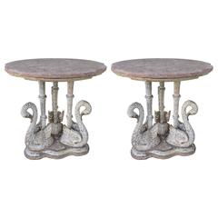 Pair of Painted Swan Tables with Marble Tops