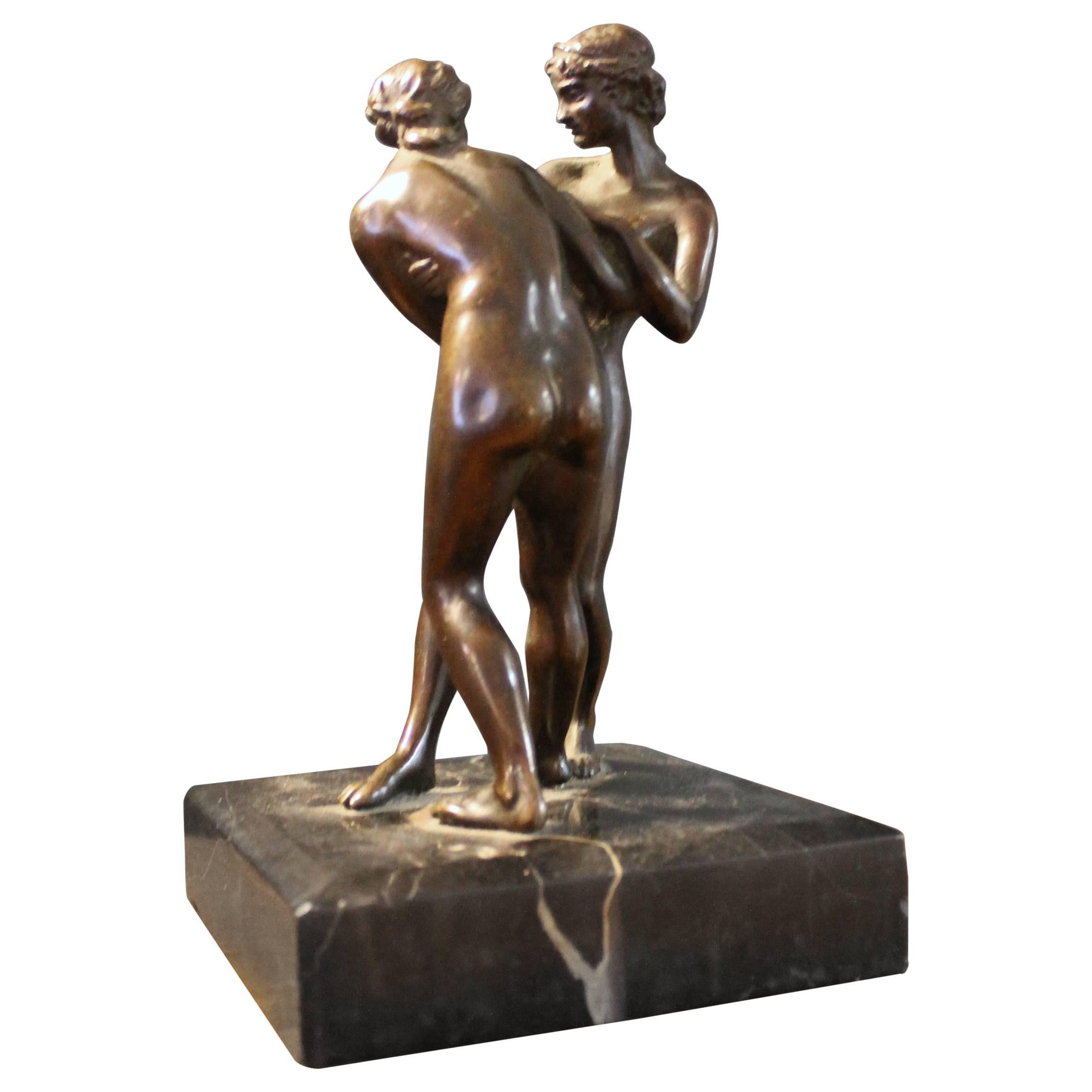 Bronze Sculpture Women Wrestling "Lottatrici, " circa 1930 Marble Base