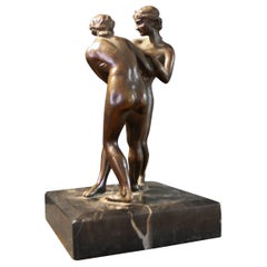 Bronzeskulptur Frauen im Ringkampf "Lottatrici", um 1930 Marmorsockel