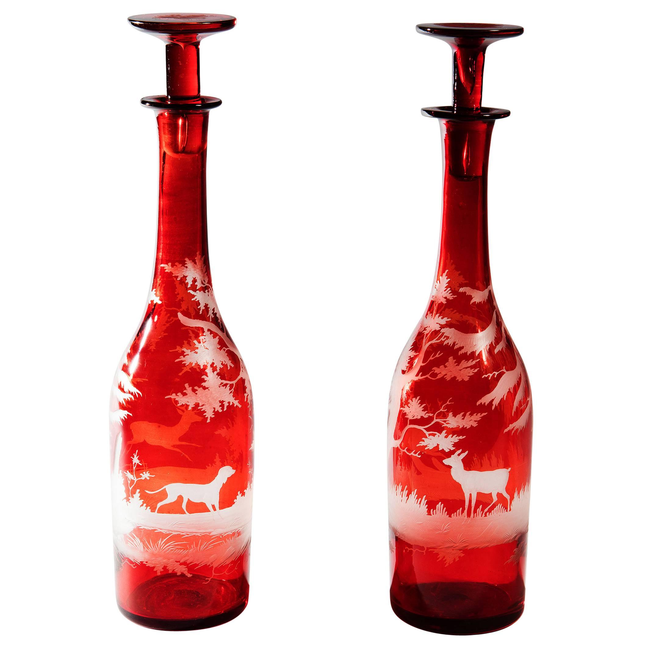 Pair of Bohemian Engraved Glass Bottle Decanters