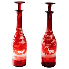 Pair of Bohemian Engraved Glass Bottle Decanters