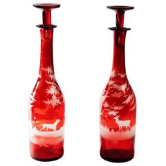 Pair of Bohemian Engraved Glass Bottle Decanters