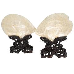 Pair of Chinese Richly Carved Mother-of-Pearl Shells, Hard Wood Stands, Canton
