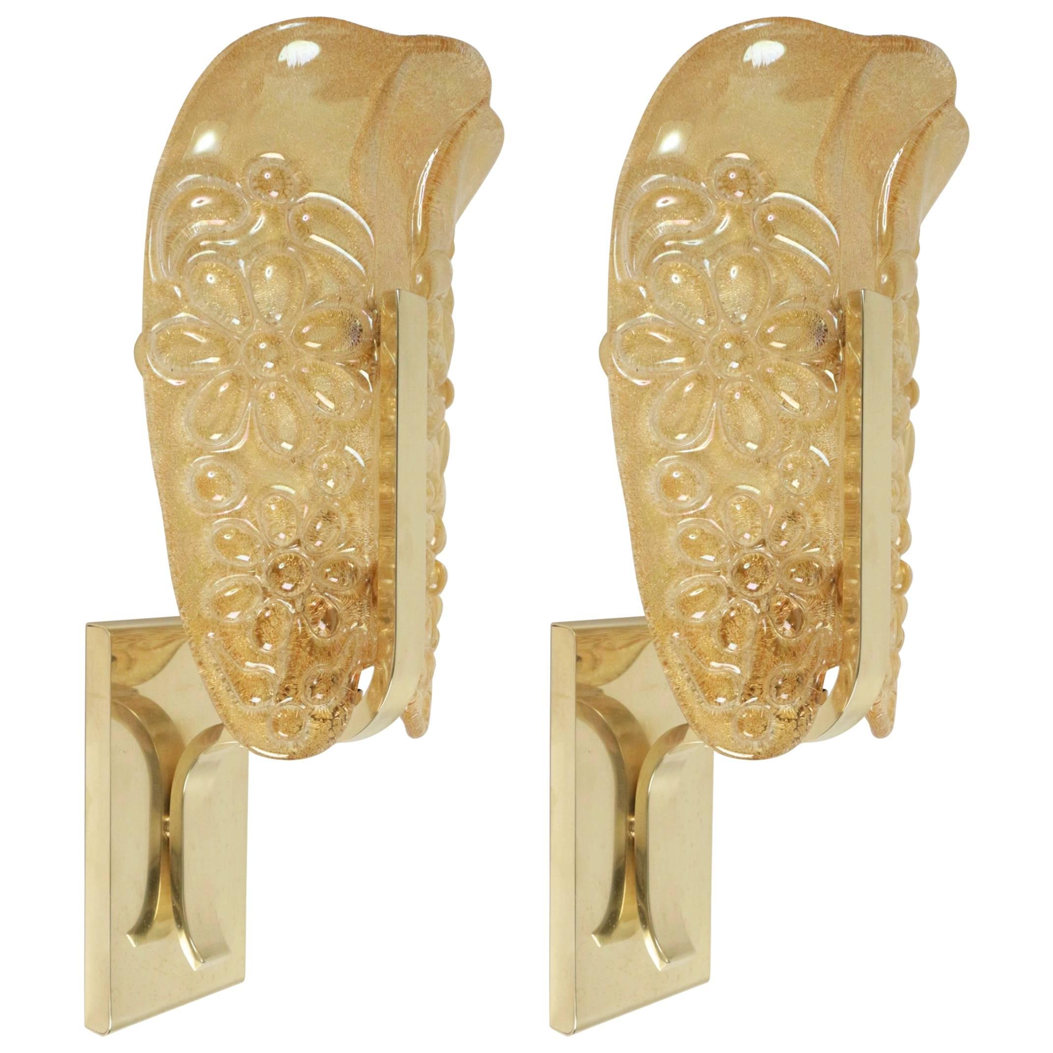 1960s Maison Honoré Iridescent Glass and Brass Pair of Sconces