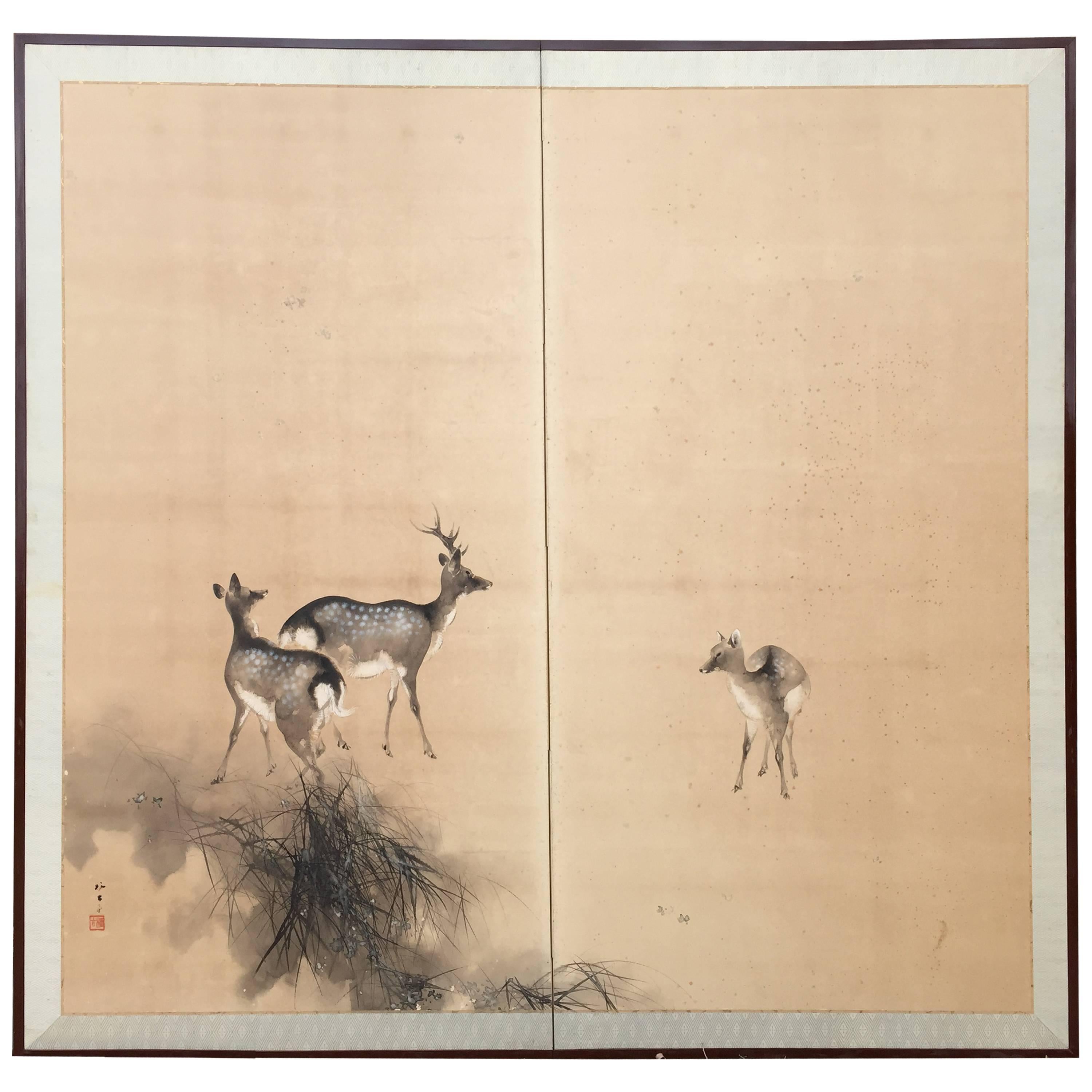 Fine Antique DEER FAMILY Two-Panel Screen Byobu from Japan, Taisho Period