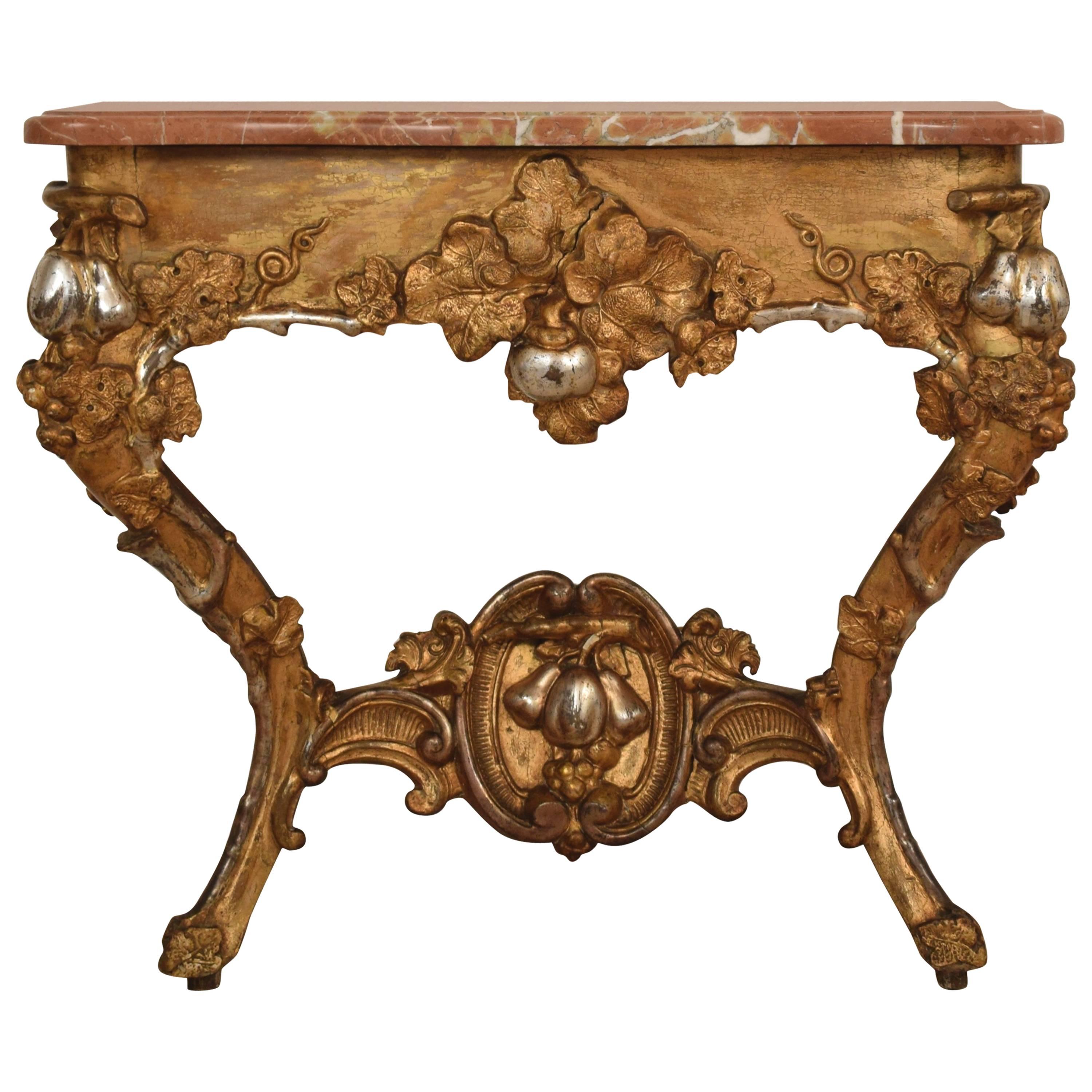19th Century Gilded and Silvered Console Table with a Marble Top