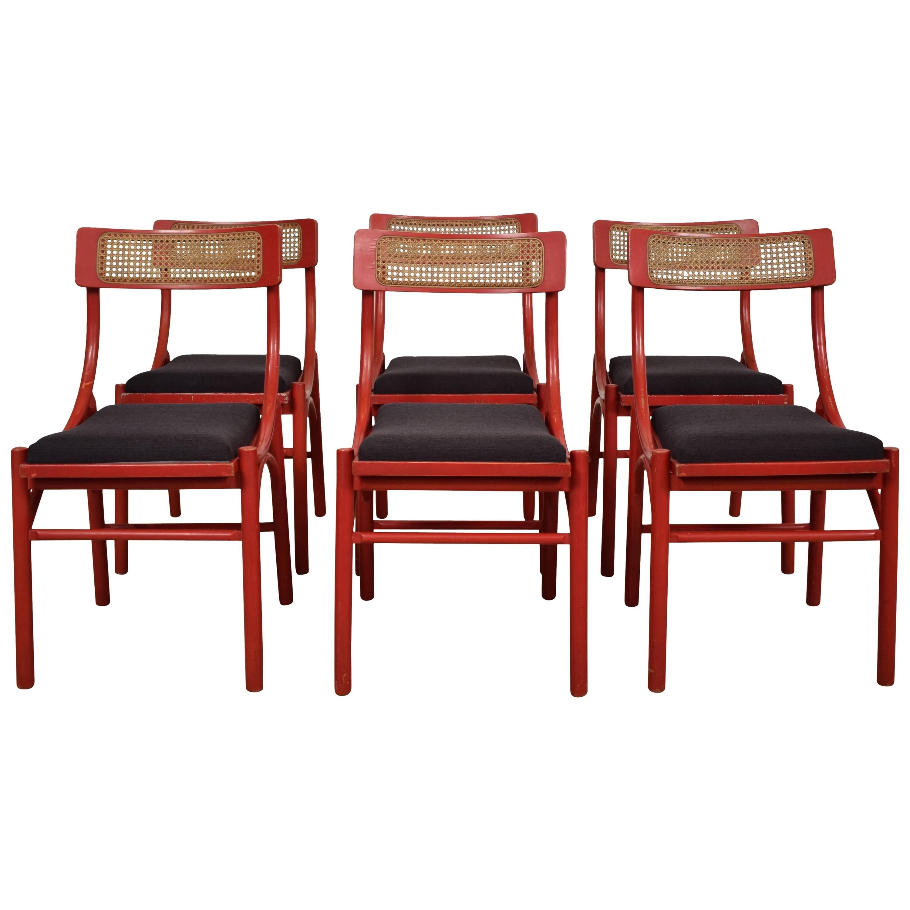 Set of Six Red Italian Dining Chairs from the 1970s
