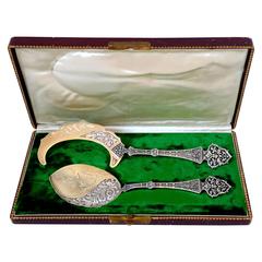 Antique Puiforcat Masterpiece French Sterling Silver 18k Gold Ice Cream Set, Trilobé, box