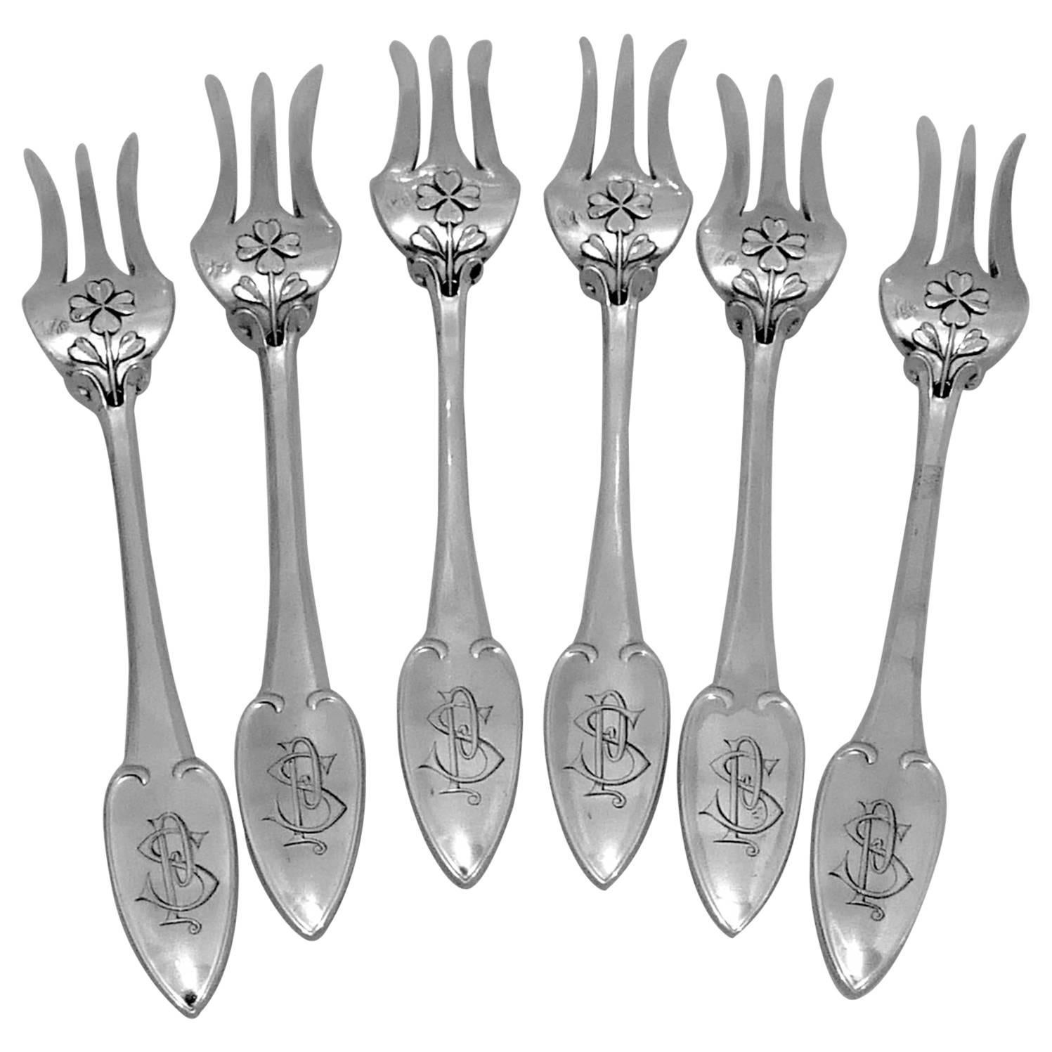 Puiforcat Rare French Sterling Silver Dessert Cake Forks Six pieces, Clovers For Sale