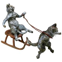 Gorgeous Vienna Bronze, Two Cats on a Fun Slid Ride, Mid-20th Century