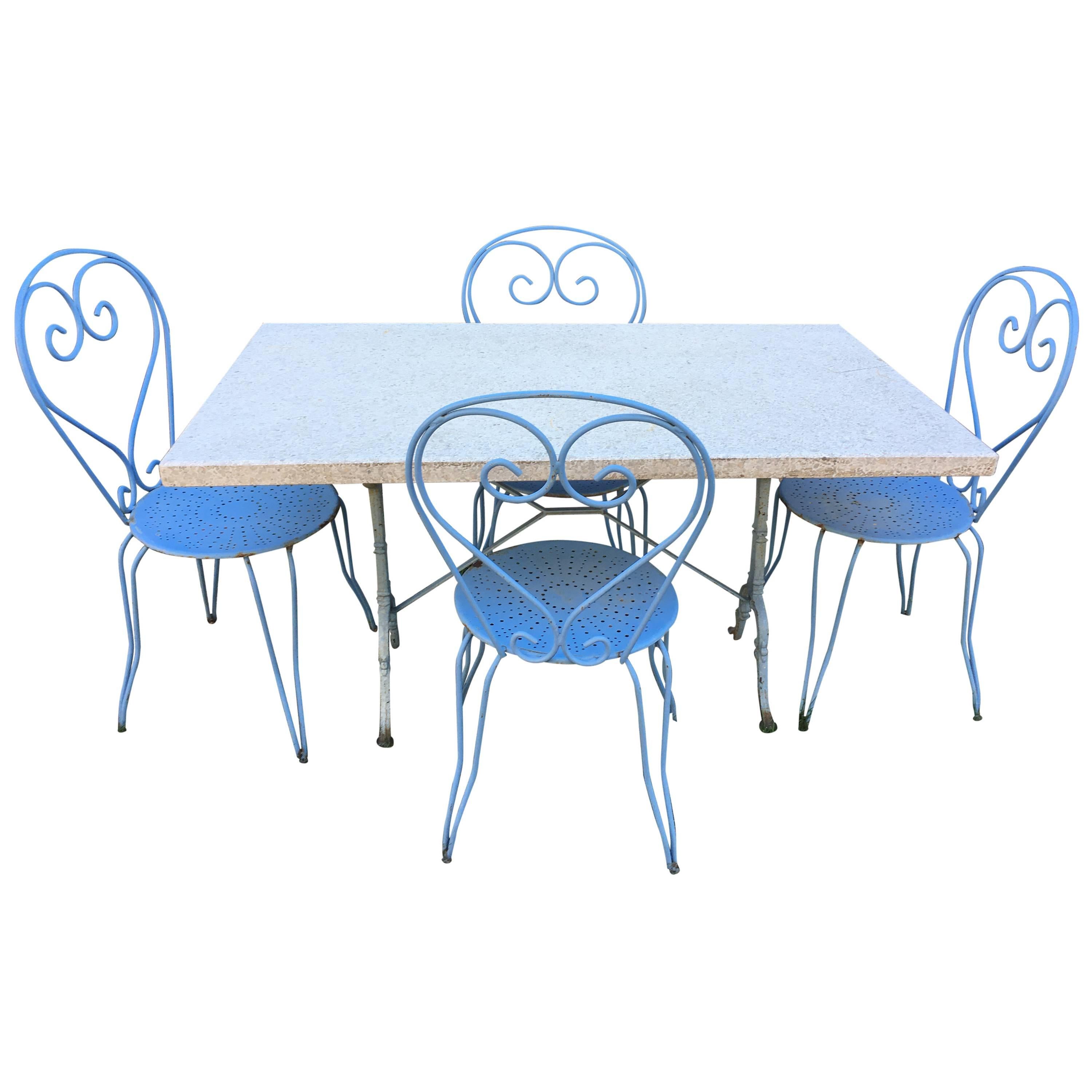 French Terrazzo-Topped Garden Dining Set for Four, Signed Godin For Sale