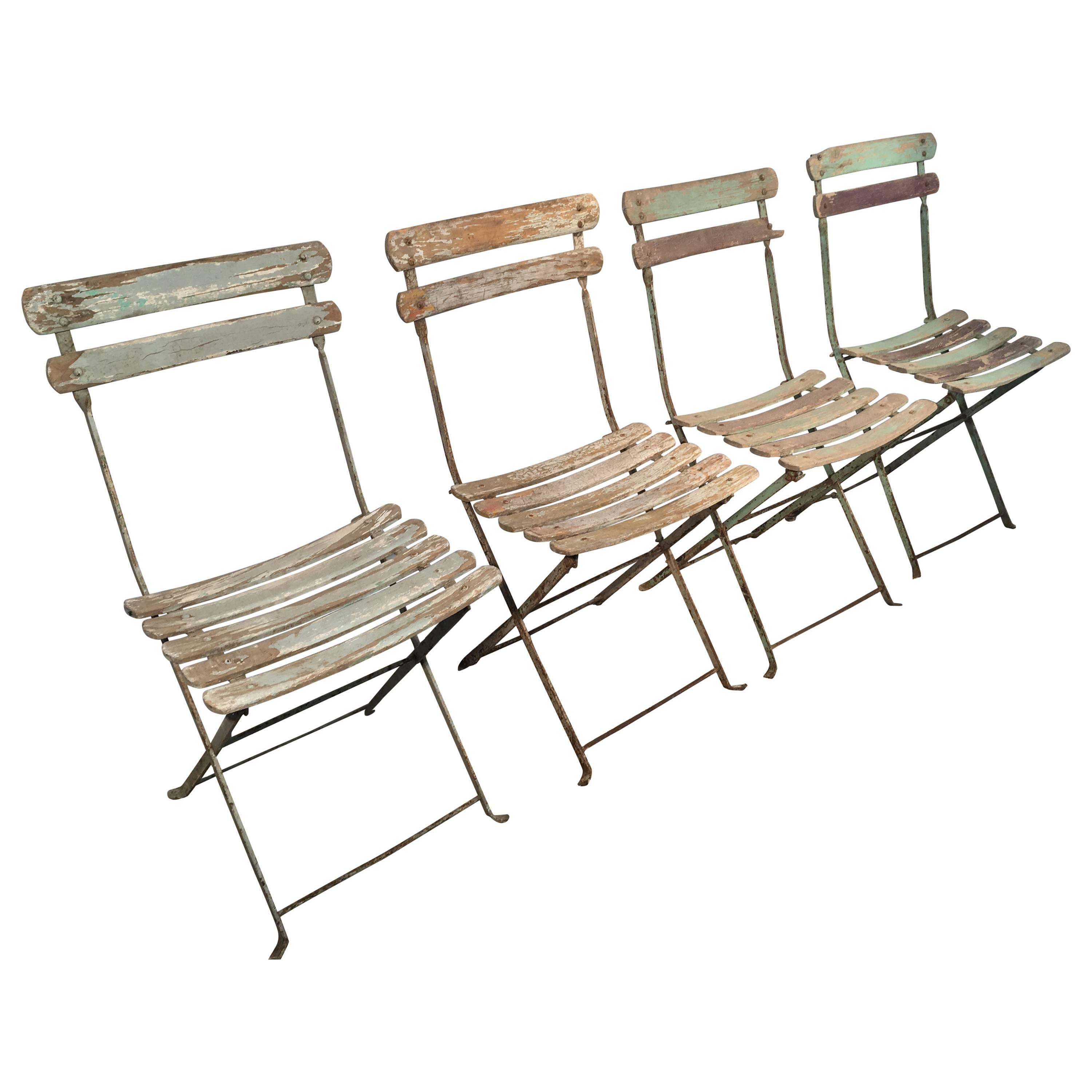 Set of Four French Painted Wood and Iron Folding Bistro Chairs