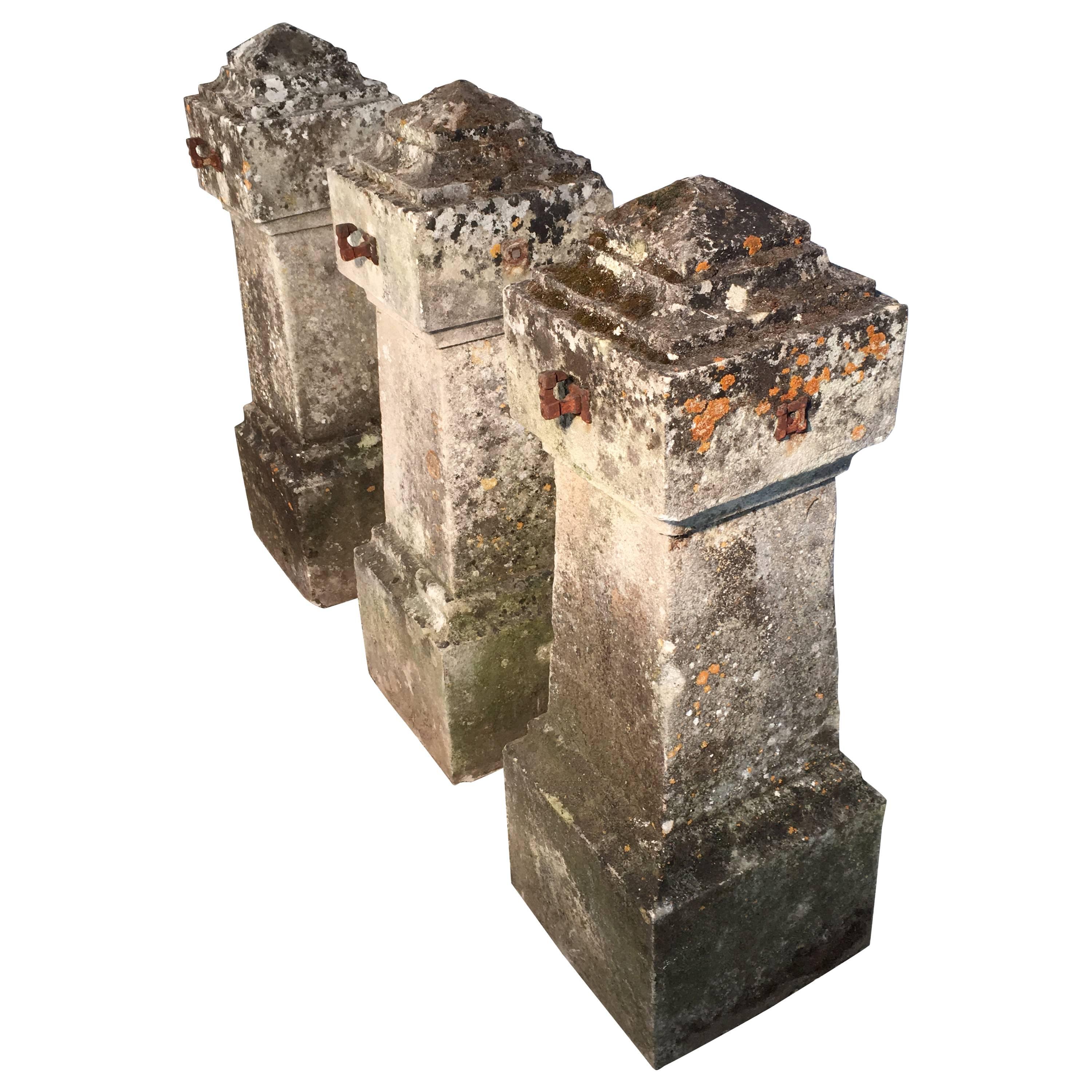 Magnificent Set of Three 18th Century Limestone Entrance Pillars with Chains 