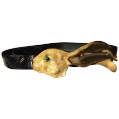 Vintage Black Christopher Ross Snake Skin Belt with 24 Karat Plated Buckle of a Hare 