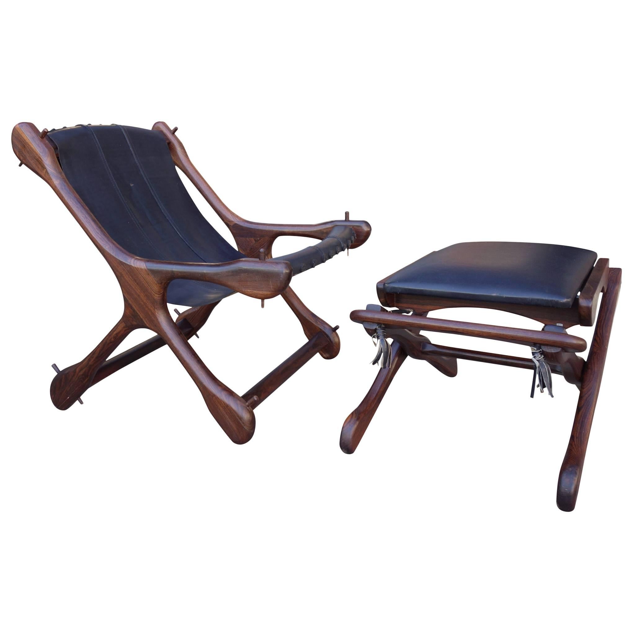 Mid-Century Don Shoemaker Leather Sling Chair and Ottoman in Rosewood