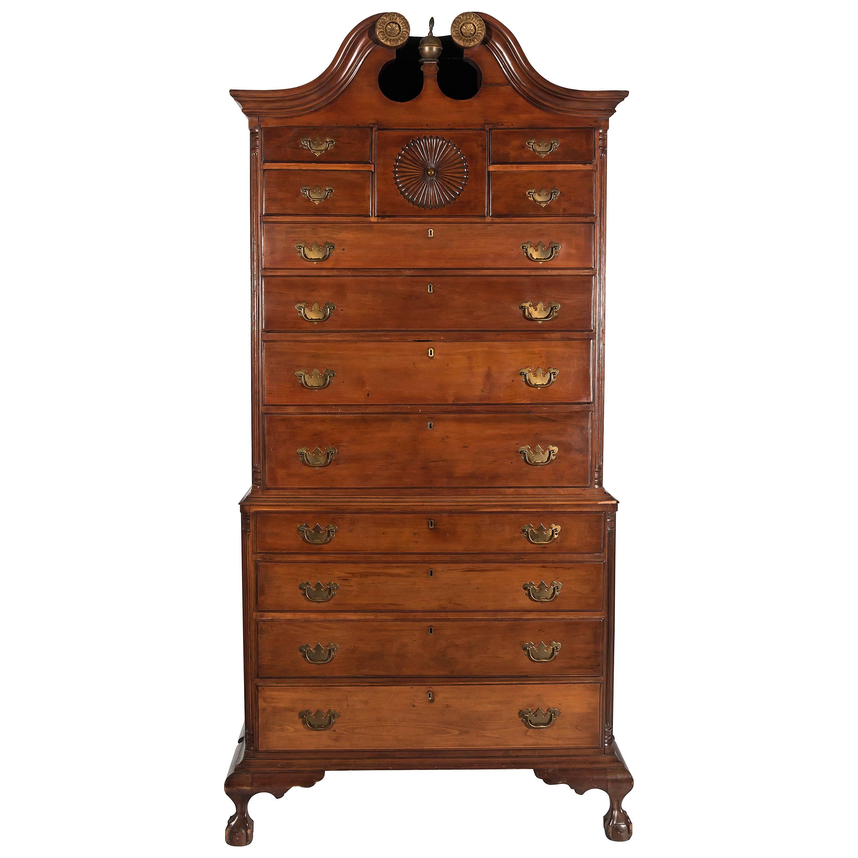 18th Century Massachusetts Cherry Chippendale Chest on Chest For Sale