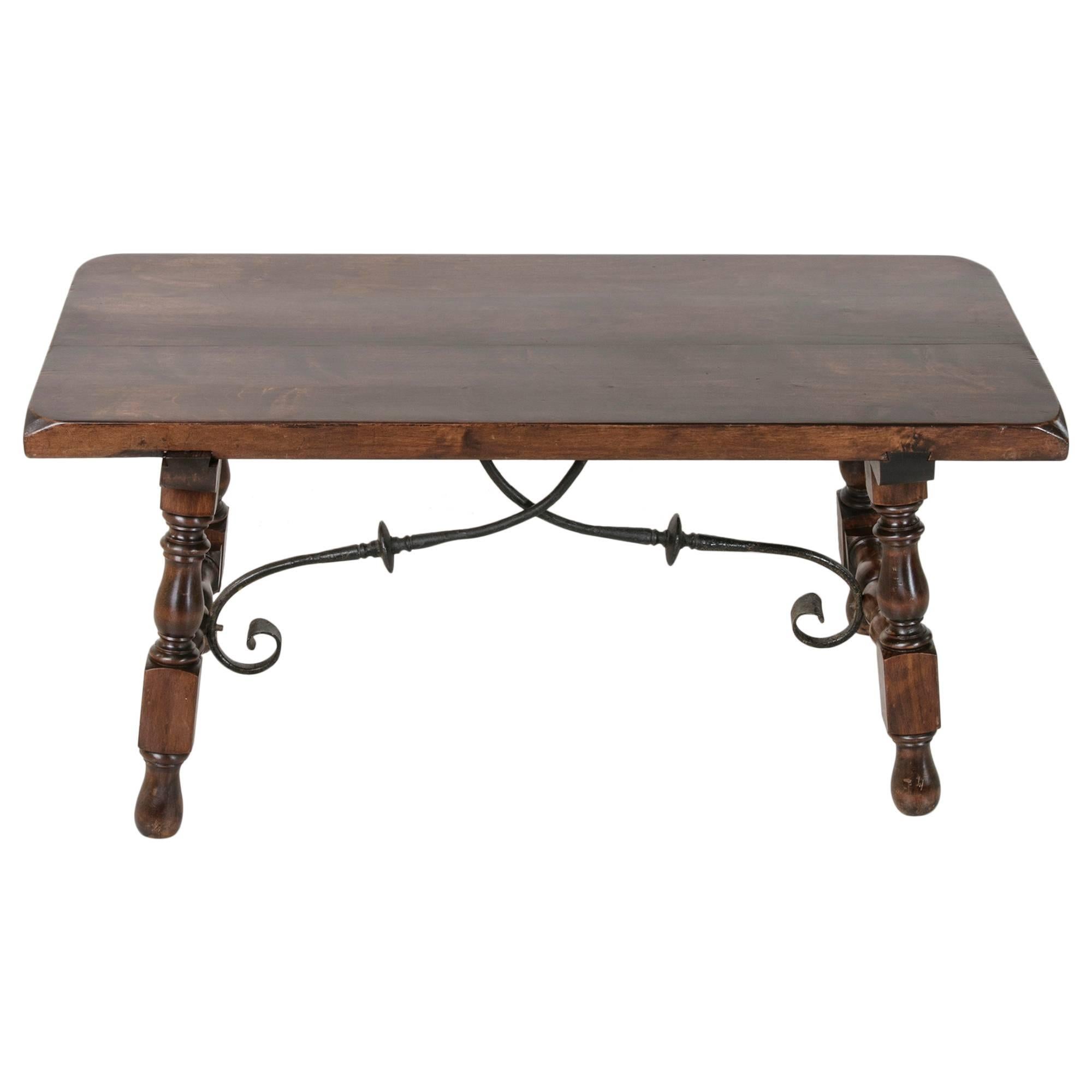 Spanish Renaissance Style Coffee Table or Bench with Hand Forged Iron Stretcher