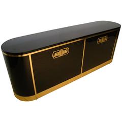 Retro Mastercraft Black Lacquer Oval Credenza/Sideboard with Brass Trim