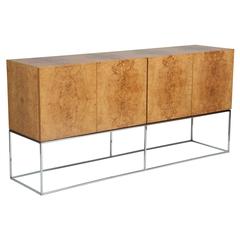 Milo Baughman Book Matched Olivewood Sideboard on Chrome Stand