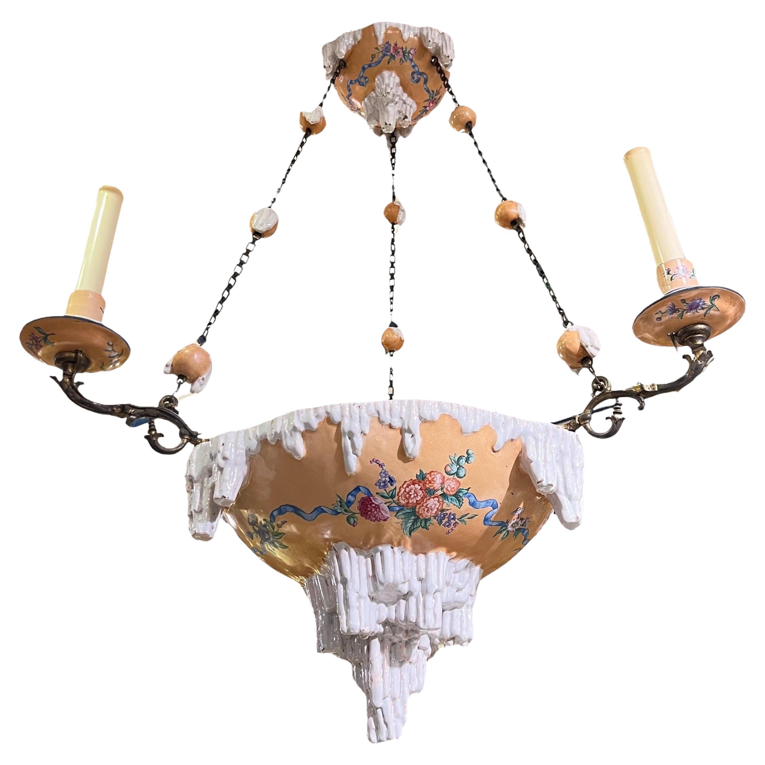 Antique French Glazed Faience Ceramic Chandelier by Galle For Sale