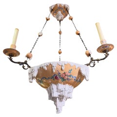 Antique French Glazed Faience Ceramic Chandelier by Galle