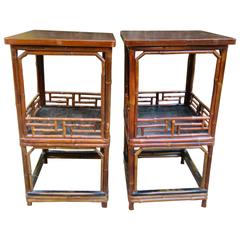 Antique Pair of Bamboo Tea Tables with Black Lacquered Top, Late 19th Century