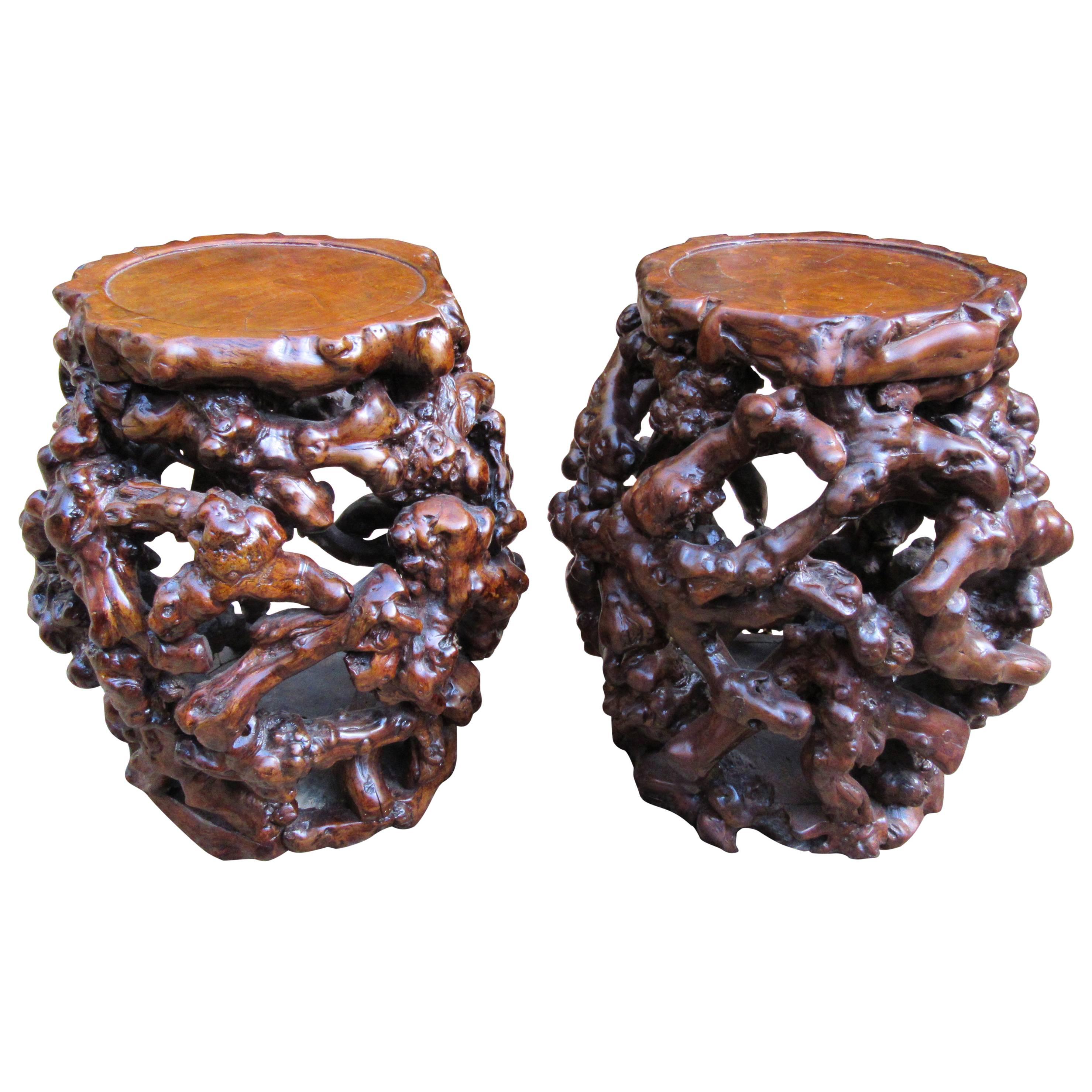 Rare Pair of Chinese Root Stools or Tables, Early 20th Century