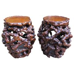 Rare Pair of Chinese Root Stools or Tables, Early 20th Century