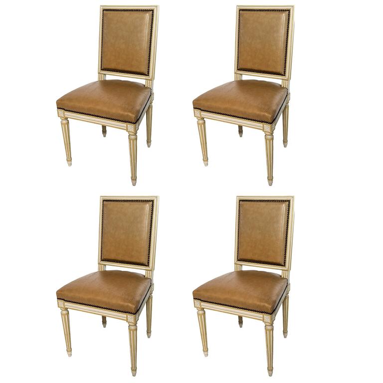 Set of Four Square Back Louis XVI Dining Chairs Covered in a Tan