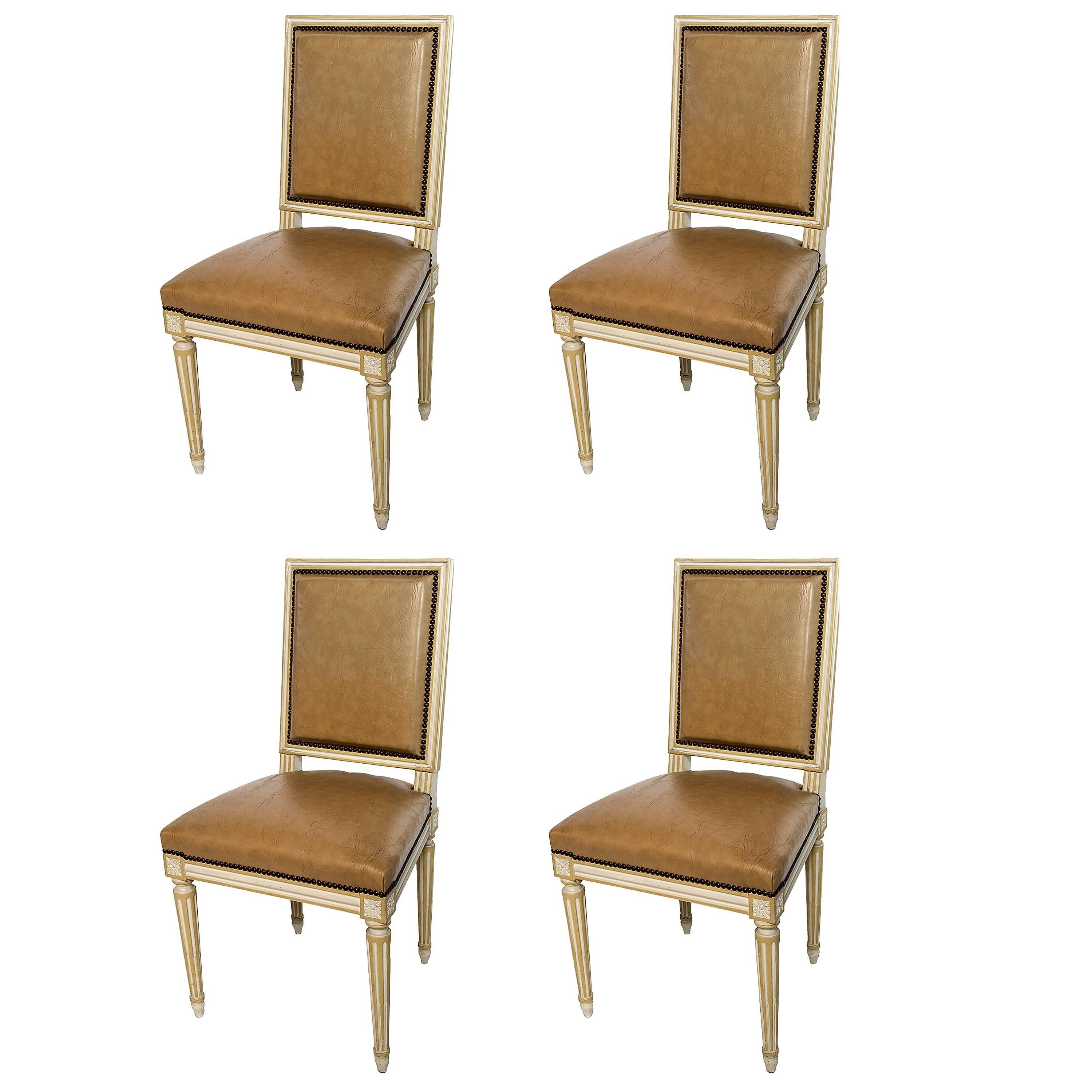 Set of Four Square Back Louis XVI Dining Chairs Covered in a Tan Leather