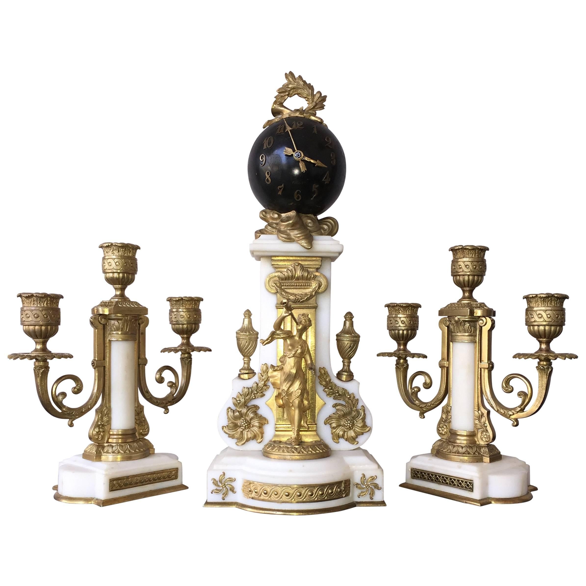 French Figural Clock Set Carrera Marble and Gilt Bronze Diminutive, circa 1900 For Sale