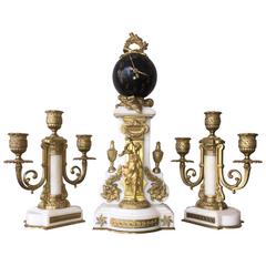 French Figural Clock Set Carrera Marble and Gilt Bronze Diminutive, circa 1900