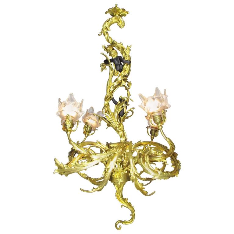 French Belle Époque Gilt Bronze FourLight Whimsical Chandelier For Sale at 1stdibs