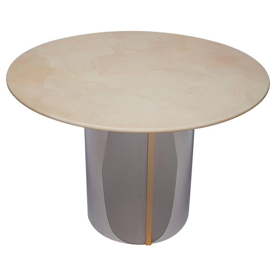 1970's Ron Seff Parchment Center/Dining Table with Polished Steel and Brass Base