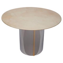 1970's Ron Seff Parchment Center/Dining Table with Polished Steel and Brass Base