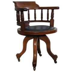 Antique Victorian Walnut Captain's Chair Desk Chair with Leather Seat