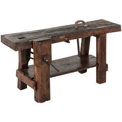 19th Century Solid Oak Normandy Workbench Console with Original Iron Vise 