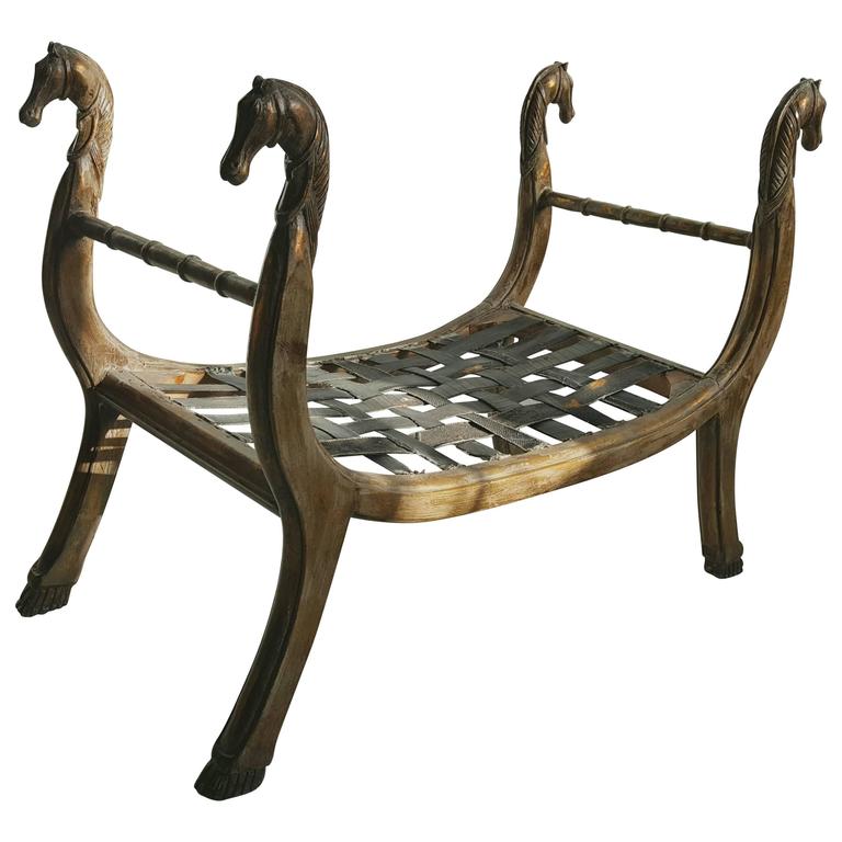 Regency Carved Wood Gold Gilt Window Bench, Curule, Horse Motif