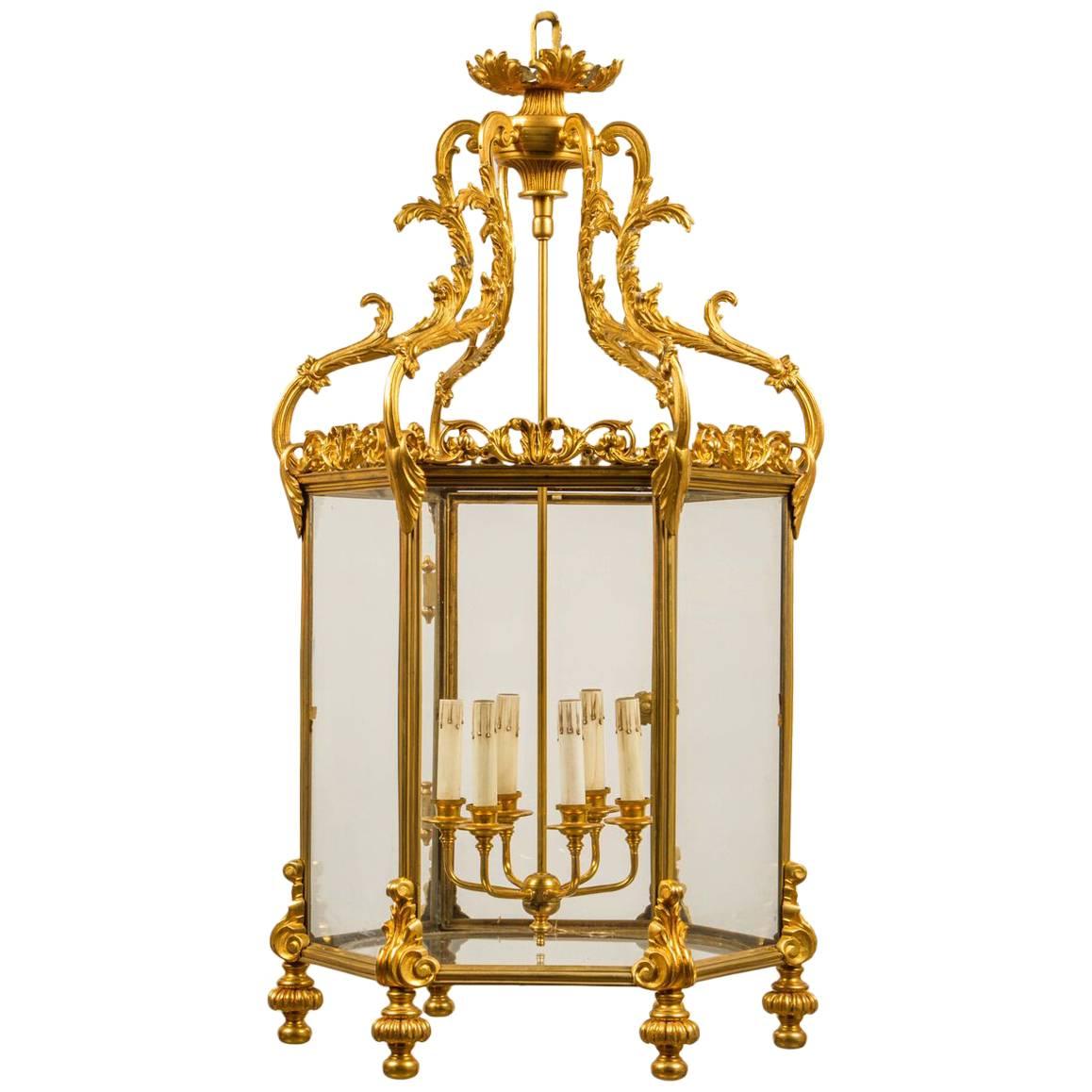 French Gilt Bronze Hexagonal Lantern with Glass Panels