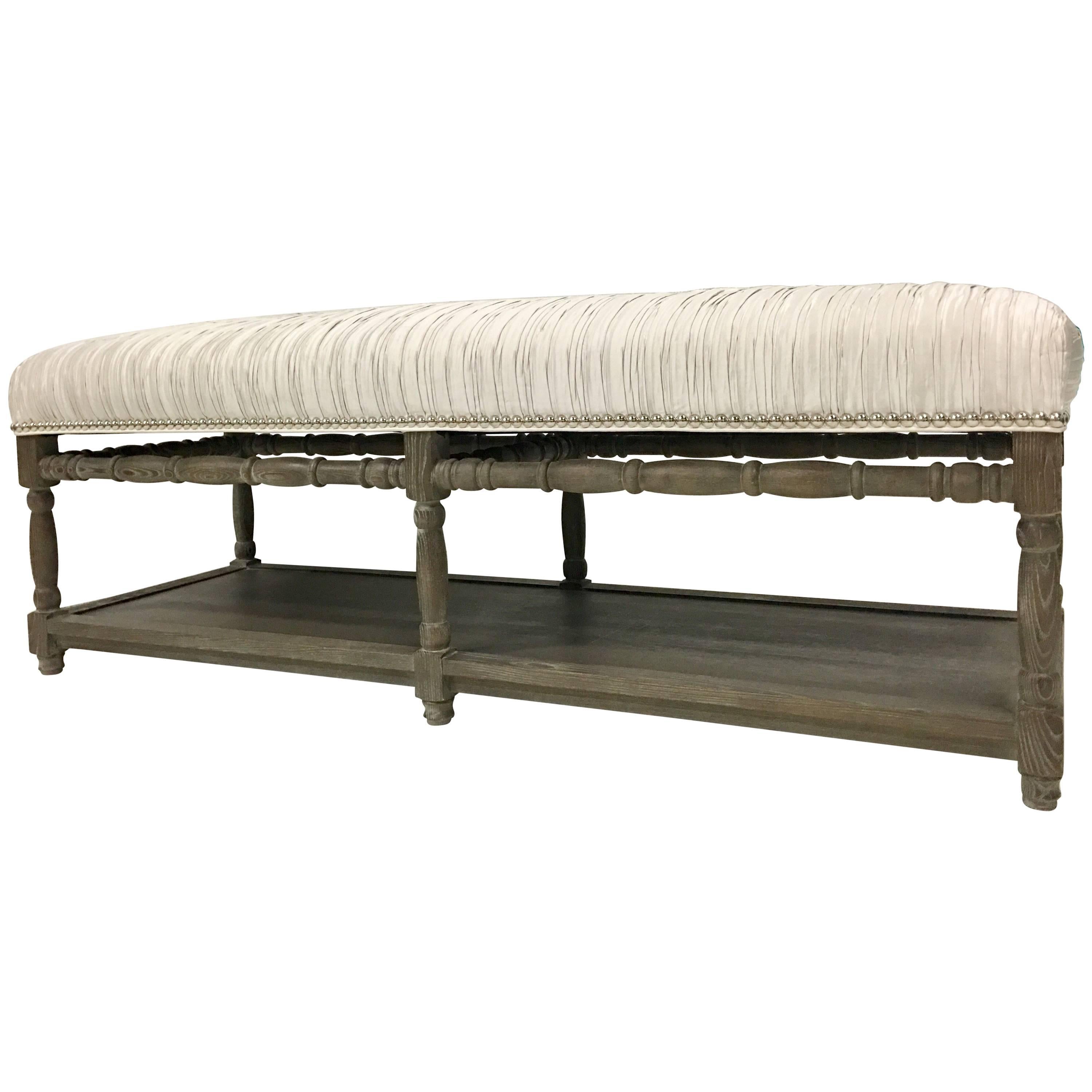 21st Century Contemporary Drift Wood & Silver Metallic Upholstered Wood Bench For Sale