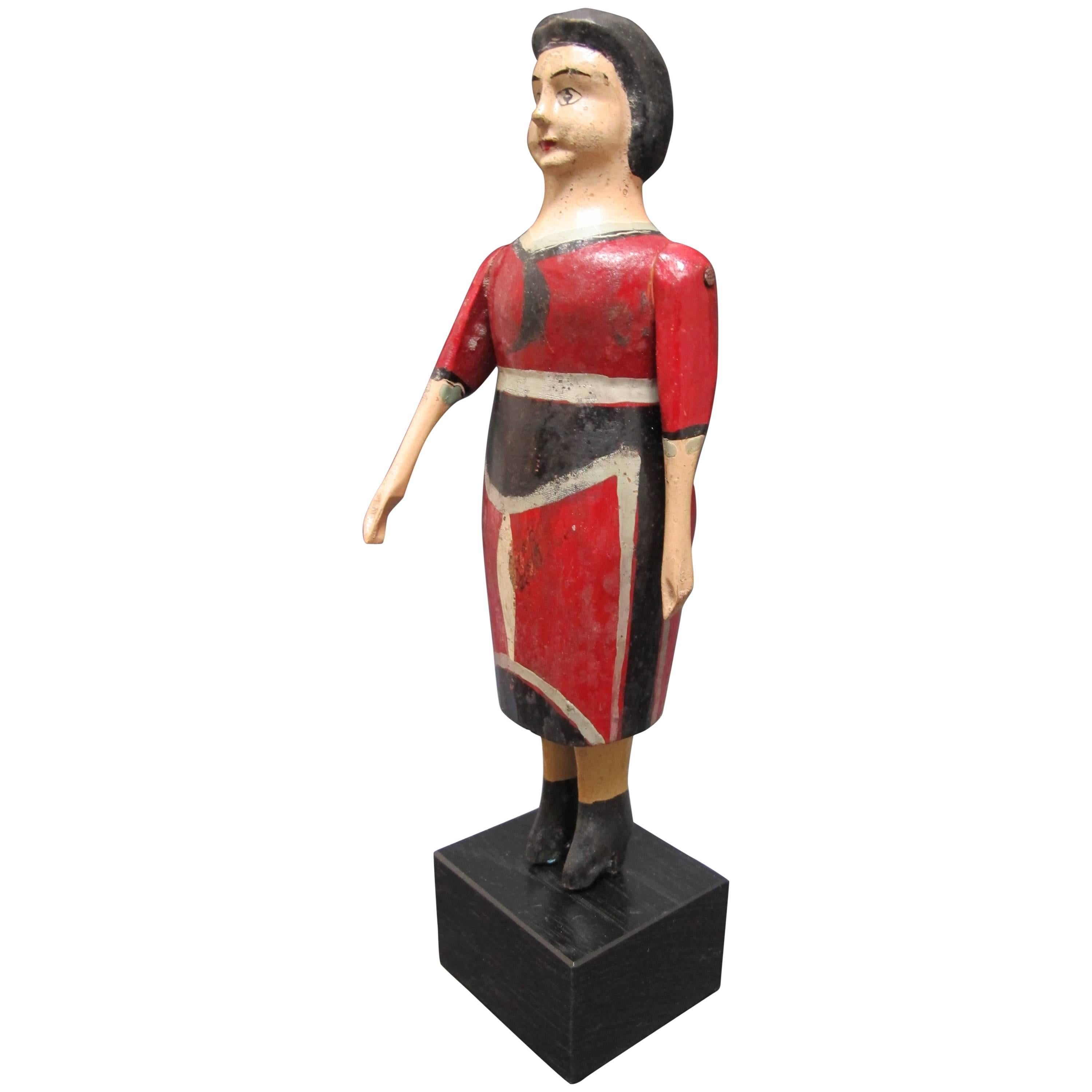 Carved Wood Folk Sculpture of Woman in Red