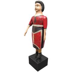 Carved Wood Folk Sculpture of Woman in Red