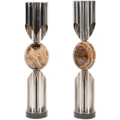 Rare Stainless Steel and Fluorspar Orgues Table Lamps by Maison Charles