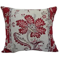 18th Century, French Scarlet and White Block Printed Pillow with Stylized Flower